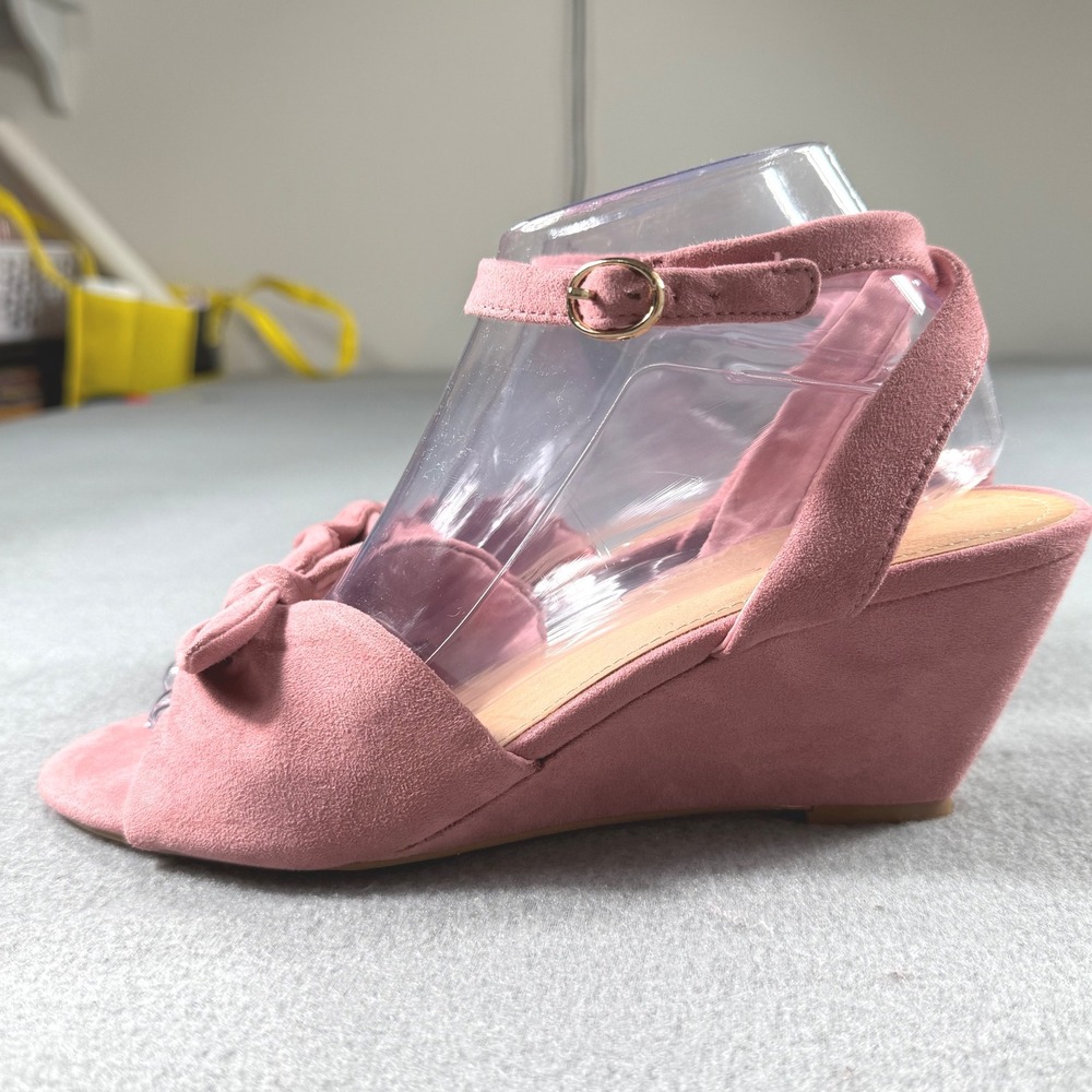LOFT Blush Pink Suede Bow Wedge Heels Ankle Strap Sandals 9.5 Feminine Wedding - Picture 4 of 10
